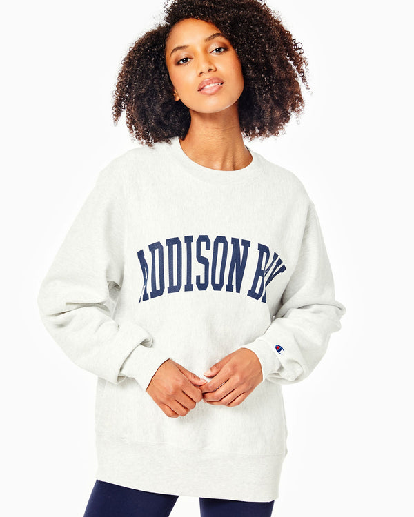 'On model product image of College Crewneck in Light Grey'