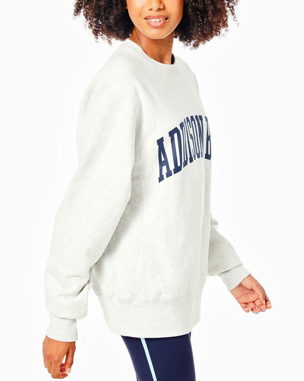 'On model product image of College Crewneck in Light Grey'