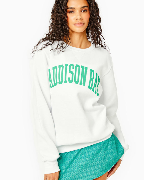 'On model product image of College Crewneck in White/Palm'
