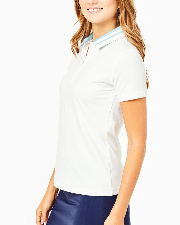 'On model product image of Active Pique Courtside Polo Short Sleeve in White'