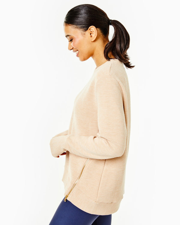 'On model product image of Active Rib Zip Everyday Crewneck Sweatshirt in Heather Camel Rib'