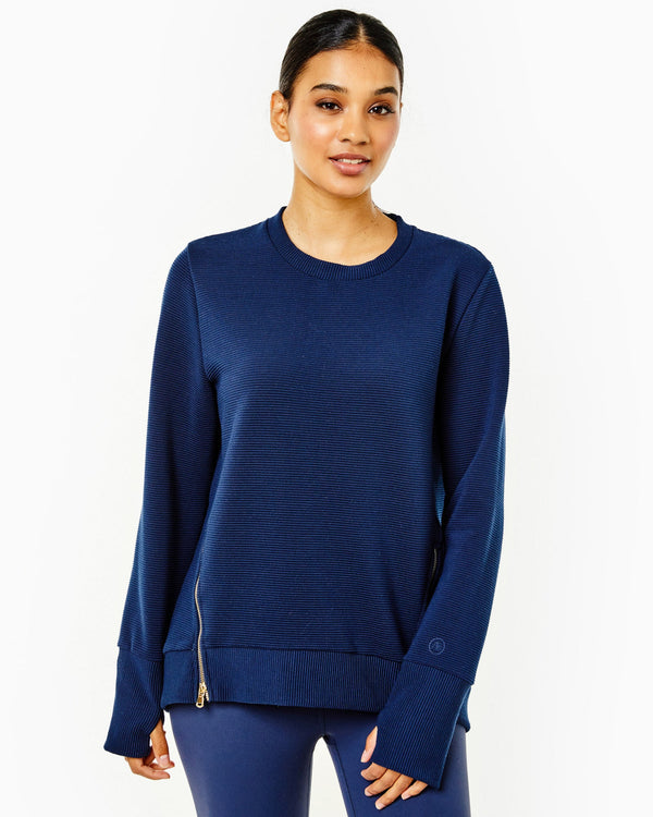 'On model product image of Active Rib Zip Everyday Crewneck Sweatshirt in Navy Rib'