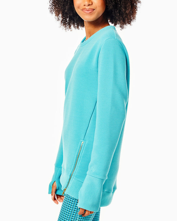 'On model product image of Active Rib Zip Everyday Crewneck Sweatshirt in Totally Teal'