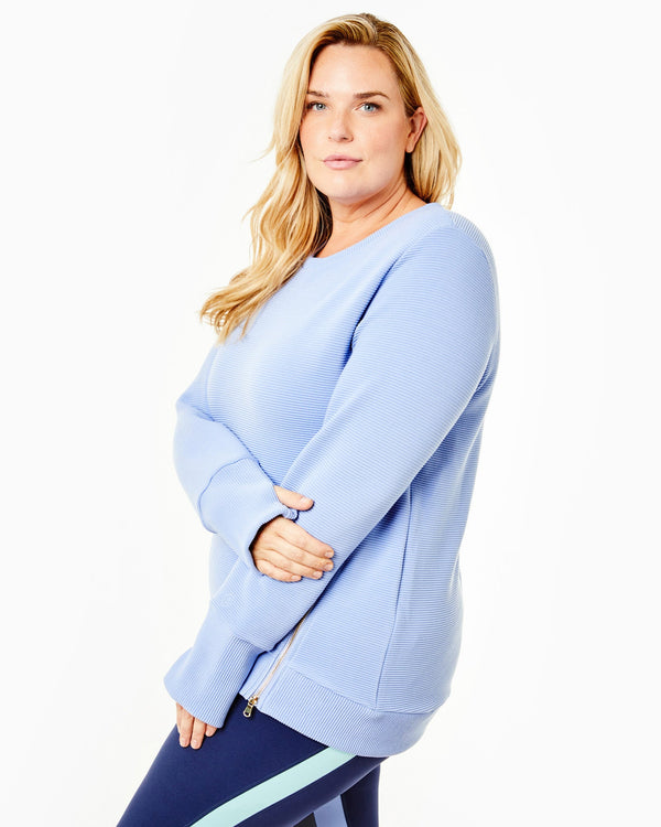 'On model product image of Active Rib Zip Everyday Crewneck Sweatshirt in Violet'