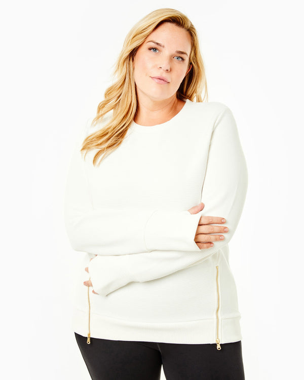 'On model product image of Active Rib Zip Everyday Crewneck Sweatshirt in White Rib'
