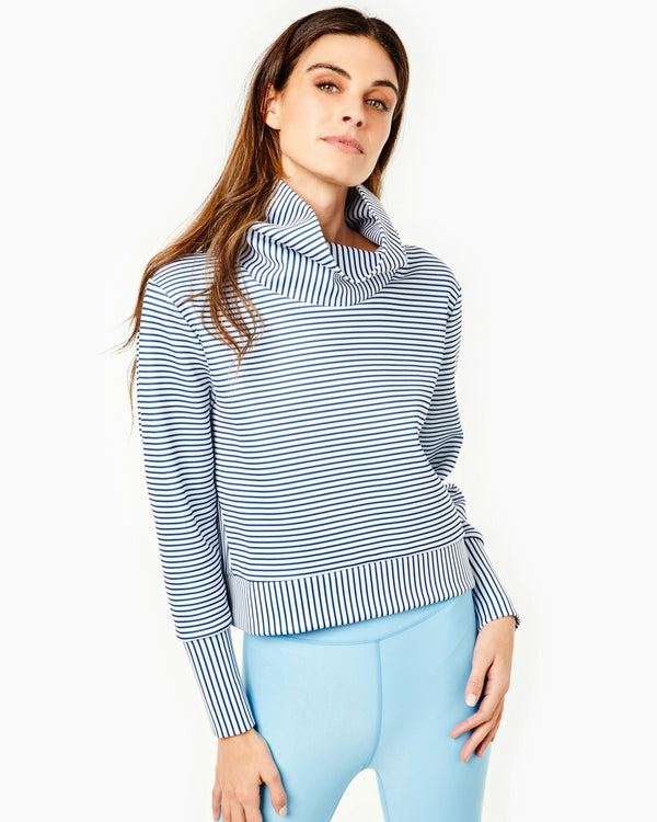 'On model product image of Polished Double Knit Everyother Day Pullover in Navy/White Stripes'