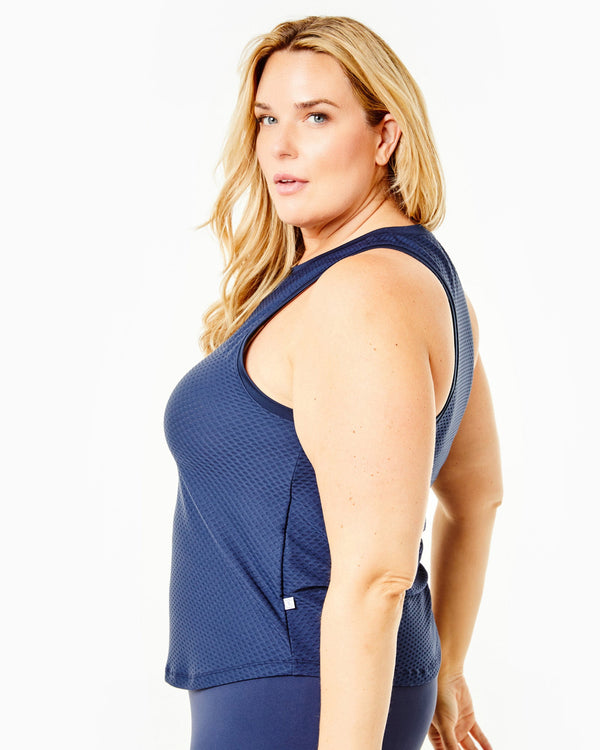 'On model product image of Active Mesh Everyday Tank in Navy'