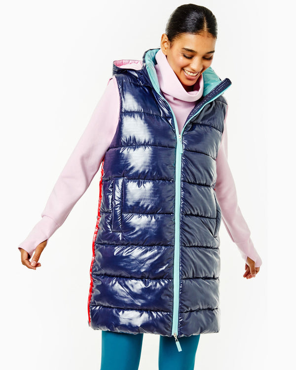'On model product image of Everywhere Puffer Vest in Navy'