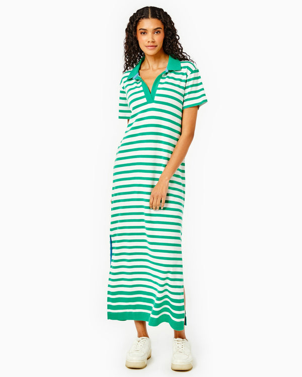 'On model product image of Smooth Cotton Kiawah Dress in White/Palm Stripe-Final Sale'