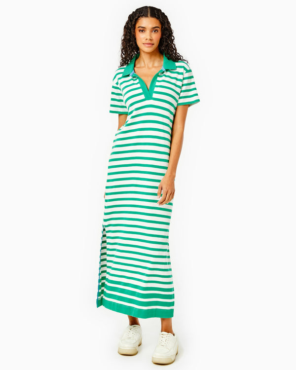 'On model product image of Smooth Cotton Kiawah Dress in White/Palm Stripe-Final Sale'