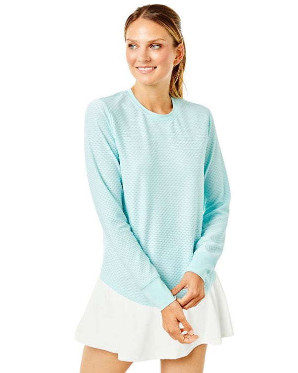 'On model product image of Active Mesh Palmetto Long Sleeve Top in Mint'