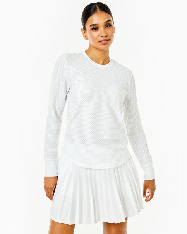 'On model product image of Active Mesh Palmetto Long Sleeve Top in Super White'