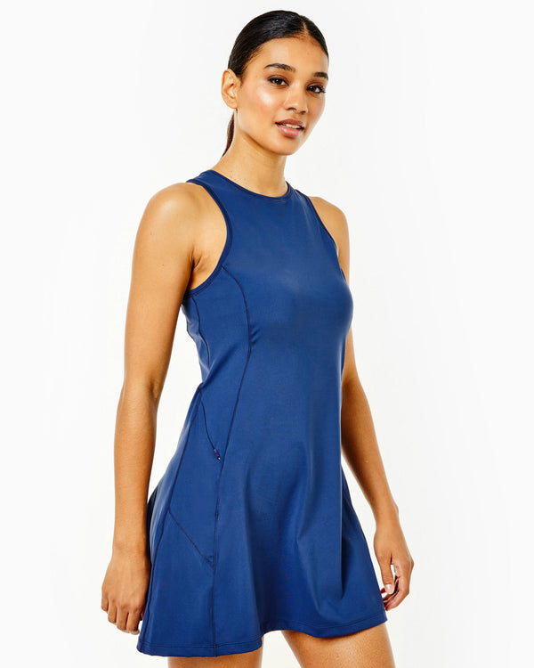 'On model product image of Smooth Sport Sleeveless Panama Active Dress in Navy'