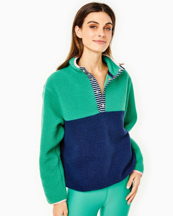 'On model product image of Fleece Pinehurst Pullover Outwear in Palm/Navy'