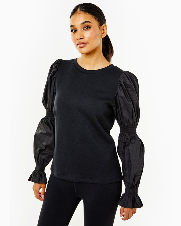 'On model product image of Soft Luxe Prep Pullover Sweatshirt in Black-Final Sale'