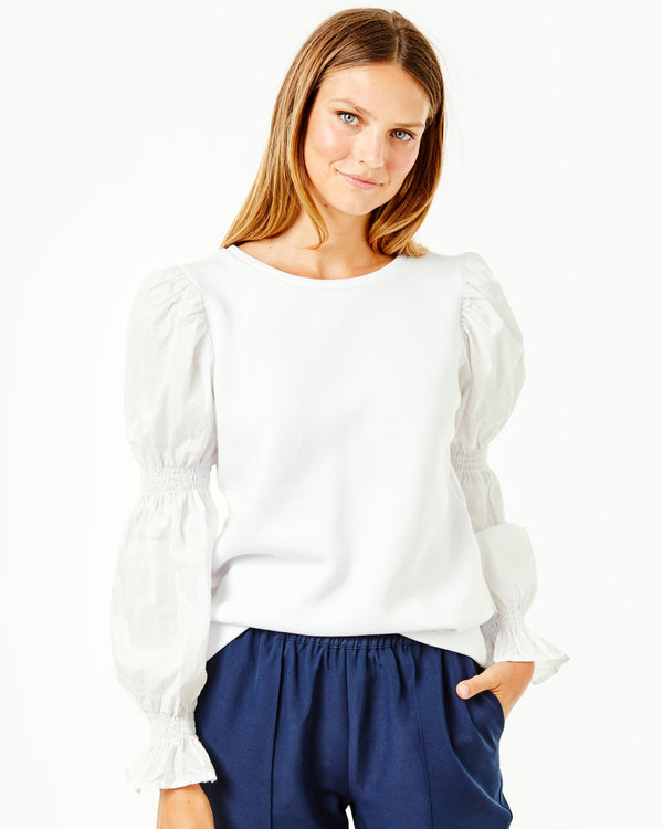'On model product image of Soft Luxe Prep Pullover Sweatshirt in White-Final Sale'