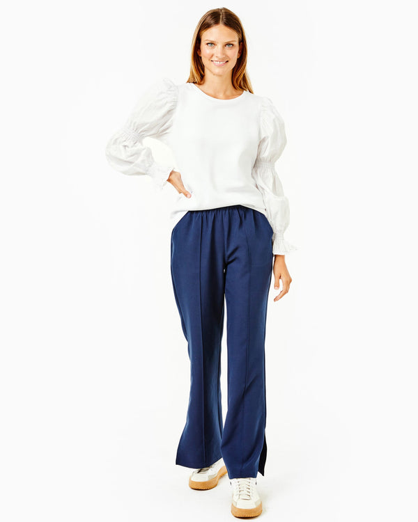 'On model product image of Soft Luxe Prep Pullover Sweatshirt in White-Final Sale'