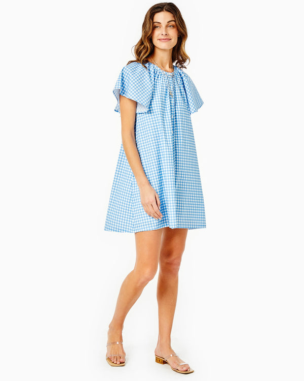'On model product image of Cotton Poplin Rosecliff Dress in Gingham-Final Sale'