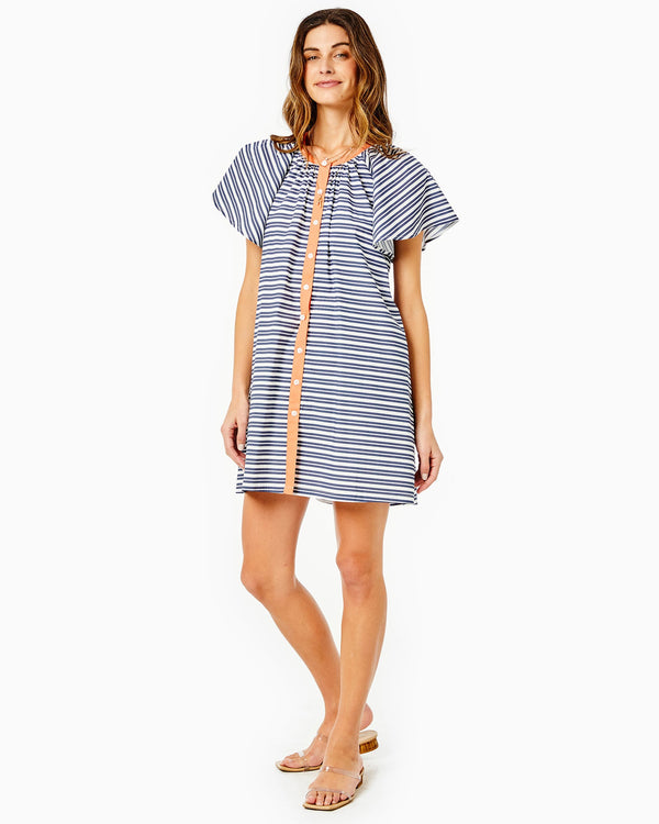 'On model product image of Cotton Poplin Rosecliff Dress in White/Navy Double Stripe'