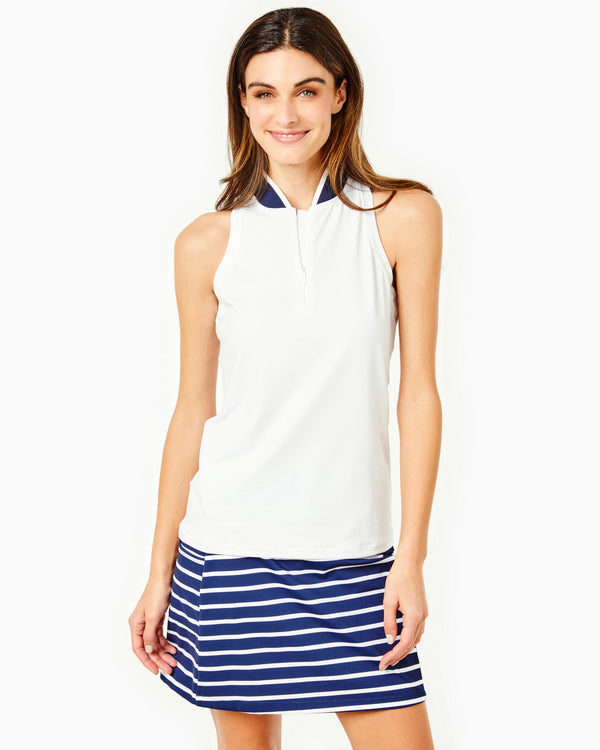 'On model product image of Active Pique Sleeveless Courtside Polo in White/Navy'