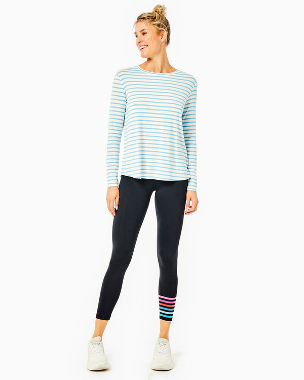 'On model product image of Drape Luxe Everyday Long Sleeve in Beverly Blue Stripe'