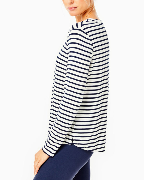 'On model product image of Drape Luxe Everyday Long Sleeve in Navy Stripe'