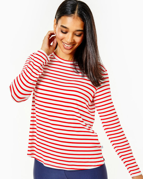 'On model product image of Drape Luxe Everyday Long Sleeve in Poppy Stripe'