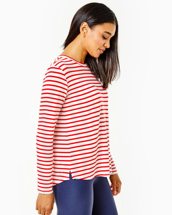 'On model product image of Drape Luxe Everyday Long Sleeve in Poppy Stripe'