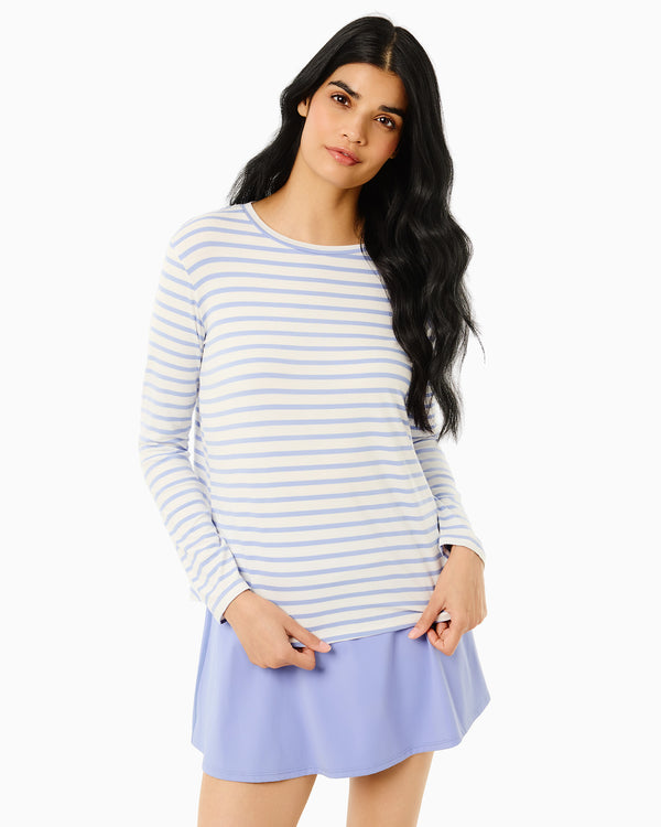 'On model product image of Drape Luxe Everyday Long Sleeve in Violet Stripe'
