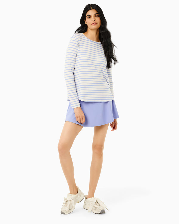 'On model product image of Drape Luxe Everyday Long Sleeve in Violet Stripe'