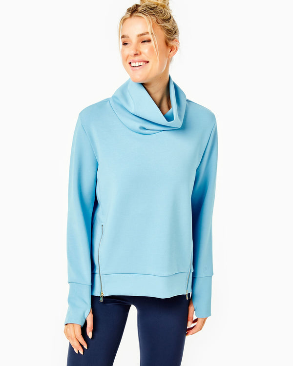 'On model product image of Polished Double Knit Zip Everyday Pullover in Beverly Blue'