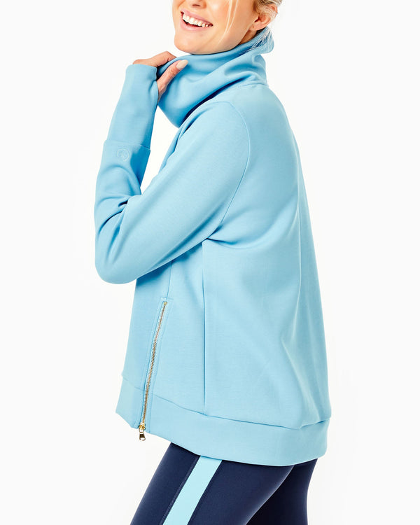 'On model product image of Polished Double Knit Zip Everyday Pullover in Beverly Blue'