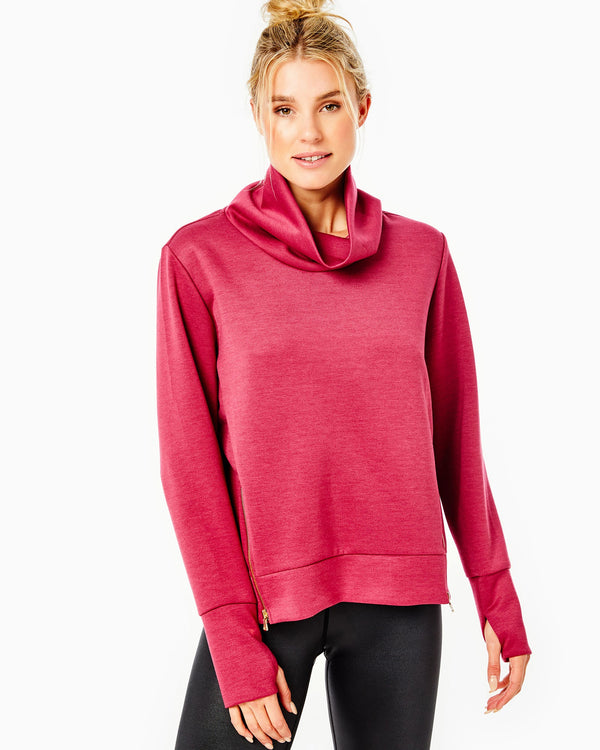 'On model product image of Polished Double Knit Zip Everyday Pullover in Cranberry'