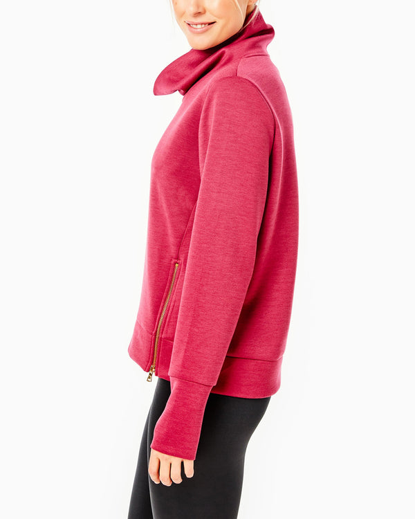 'On model product image of Polished Double Knit Zip Everyday Pullover in Cranberry'