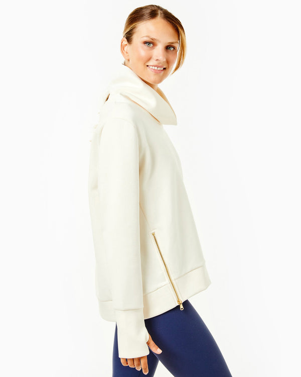 'On model product image of Polished Double Knit Zip Everyday Pullover in Cream'