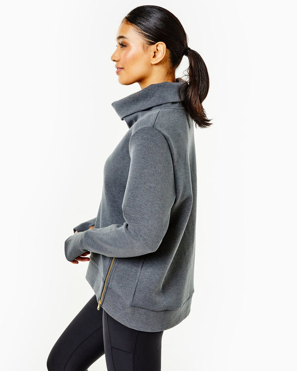 'On model product image of Polished Double Knit Zip Everyday Pullover in Dark Heather Grey'