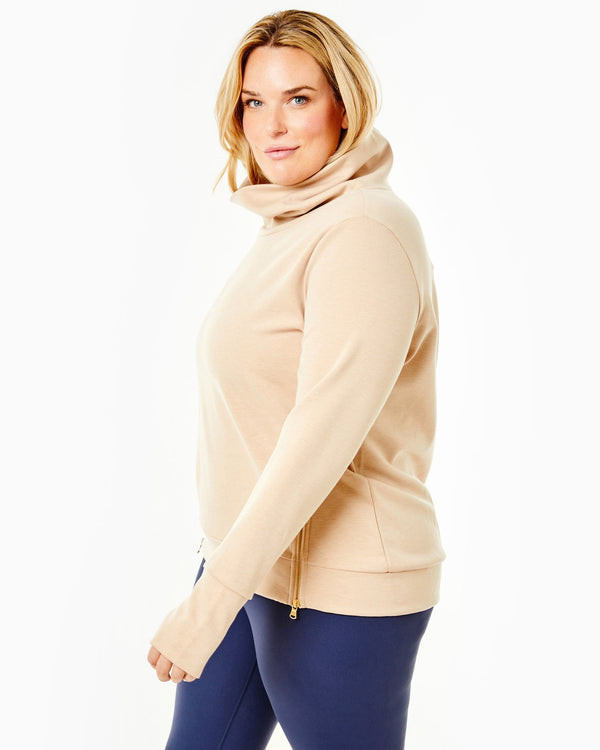 'On model product image of Polished Double Knit Zip Everyday Pullover in Heather Camel Neutral'