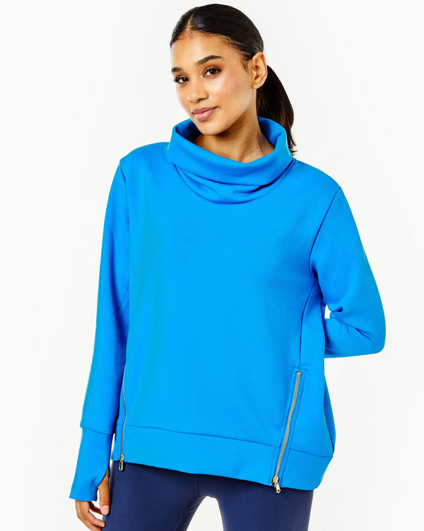 'On model product image of Polished Double Knit Zip Everyday Pullover in Lake'