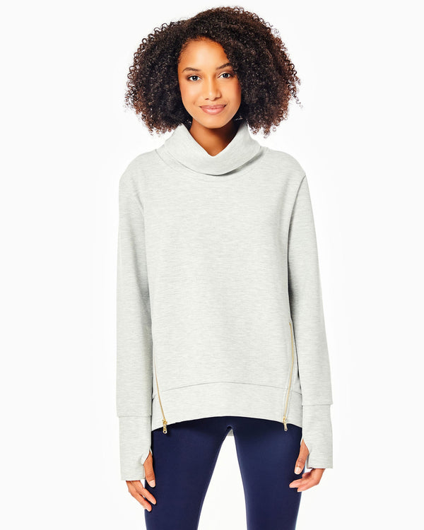 'On model product image of Polished Double Knit Zip Everyday Pullover in Light Heather Grey'