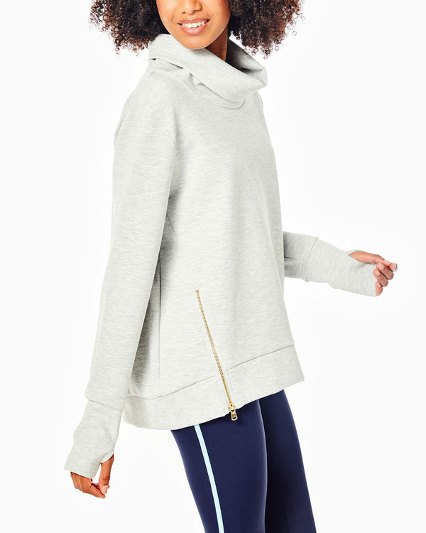 'On model product image of Polished Double Knit Zip Everyday Pullover in Light Heather Grey'