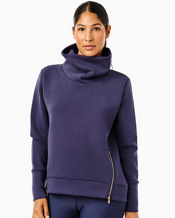 'On model product image of Polished Double Knit Zip Everyday Pullover in Classic Navy'