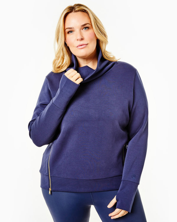 'On model product image of Polished Double Knit Zip Everyday Pullover in Classic Navy'