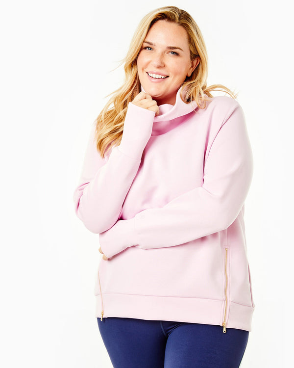 'On model product image of Polished Double Knit Zip Everyday Pullover in Petal'