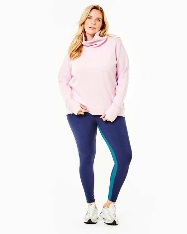 'On model product image of Polished Double Knit Zip Everyday Pullover in Petal'