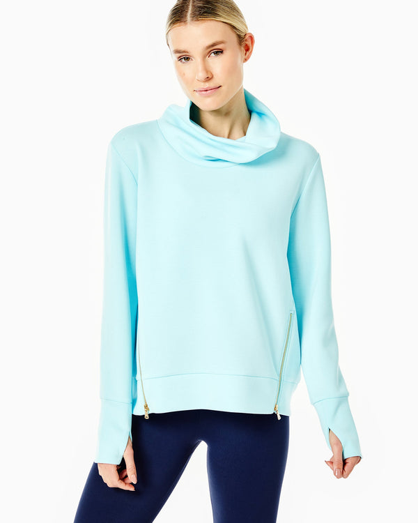 'On model product image of Polished Double Knit Zip Everyday Pullover in Sky Blue'
