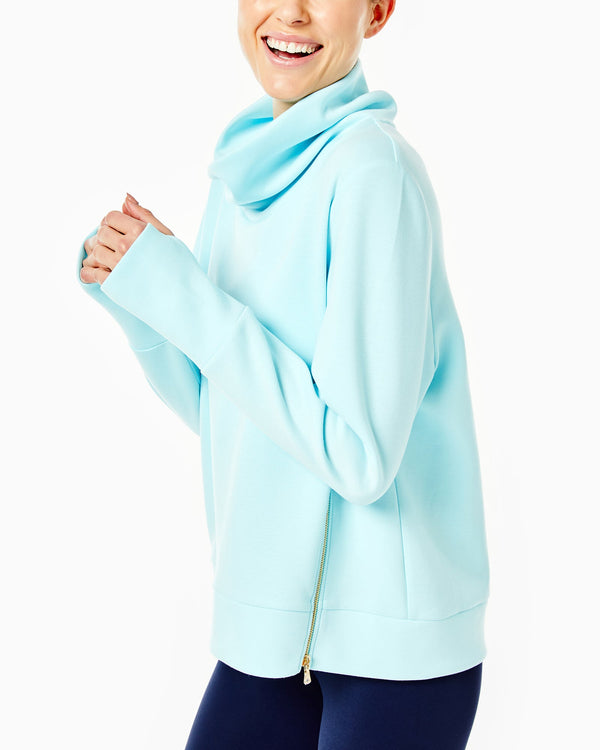 'On model product image of Polished Double Knit Zip Everyday Pullover in Sky Blue'