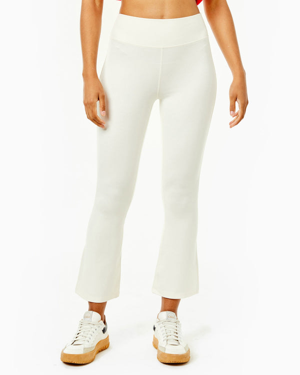 'On model product image of Ponte University Flare Pant in Cream'