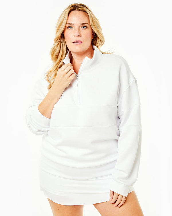 'On model product image of Soft Luxe Varsity Quarter Zip in White'