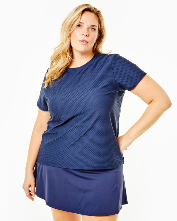 'On model product image of Active Mesh Walnut Short Sleeve Top in Navy'