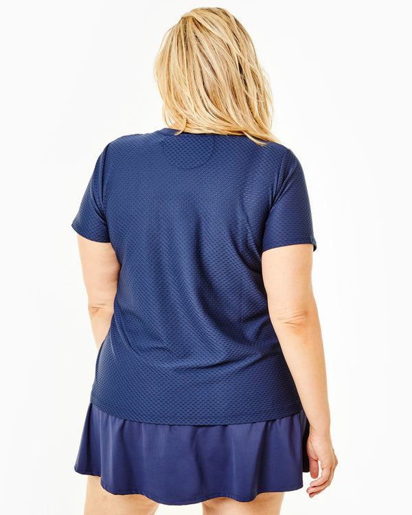 'On model product image of Active Mesh Walnut Short Sleeve Top in Navy'